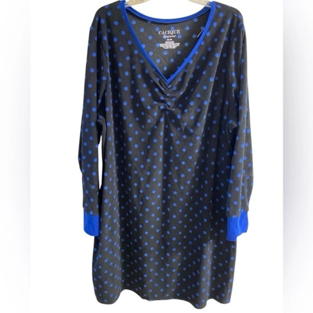 Cacique Black and Blue Polka Dot night shirt fleece 26/28 NWT